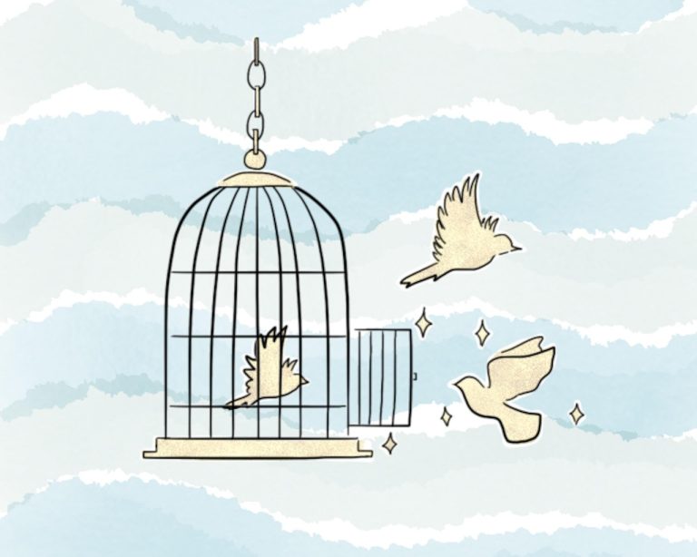 illustration of two people standing on different ladders looking at each other while a third person stands calmly on level ground